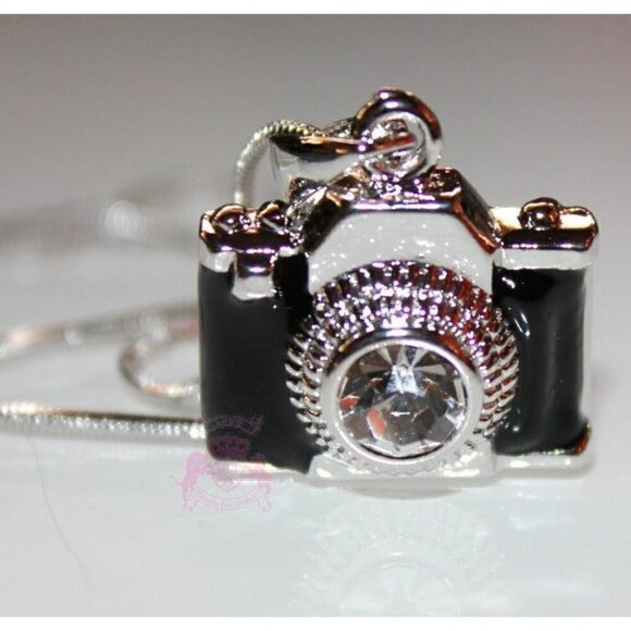 Black Enamel Miniature Camera Charm Clear Crystal Lens Photo Silver Necklace - Picture 1 of 4
